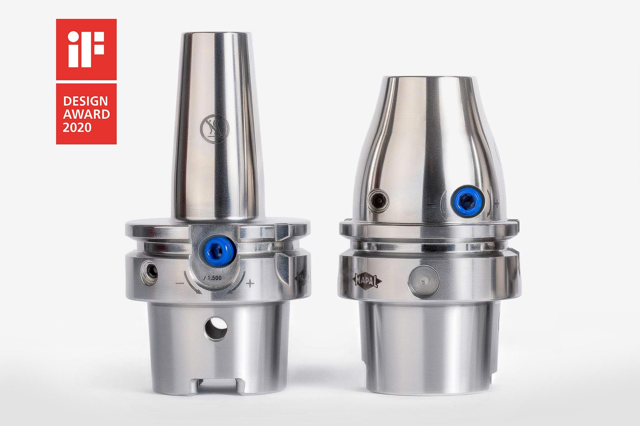 Von links sind das Hydro DReaM Chuck 4,5˚ und das Hydro Mill Chuck zu sehen. Links oben ist das IF Design Award 2020 Logo abgebildet.