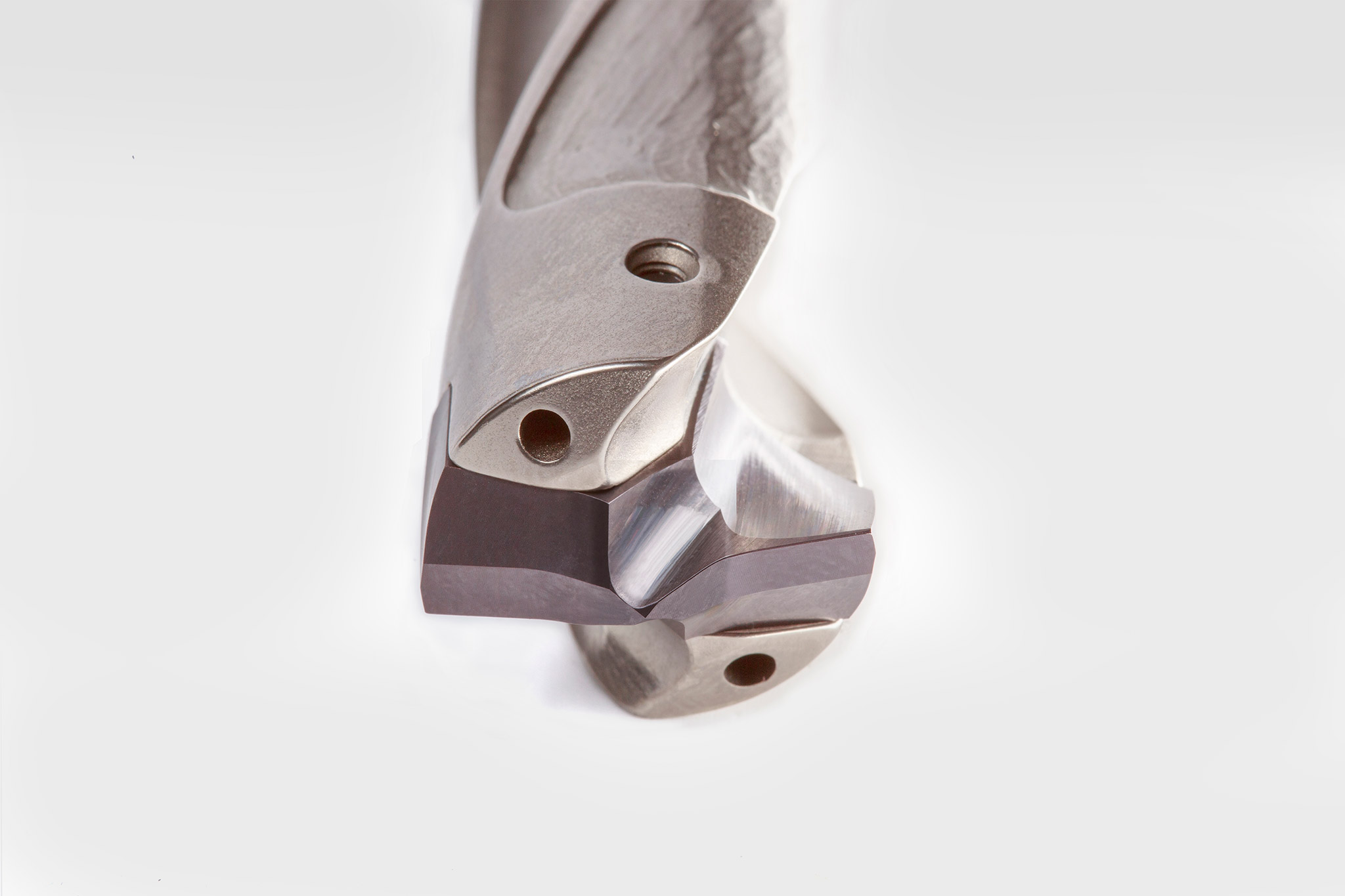 A detailed view of the front of the QTD indexable insert drill with pyramid tip.