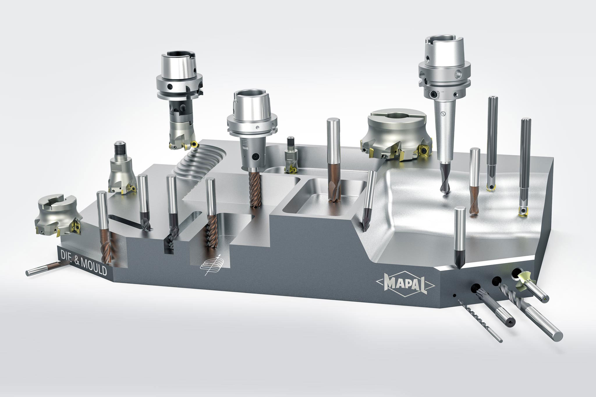 Almost two dozen tools for die & mould sector are placed on a sample component.