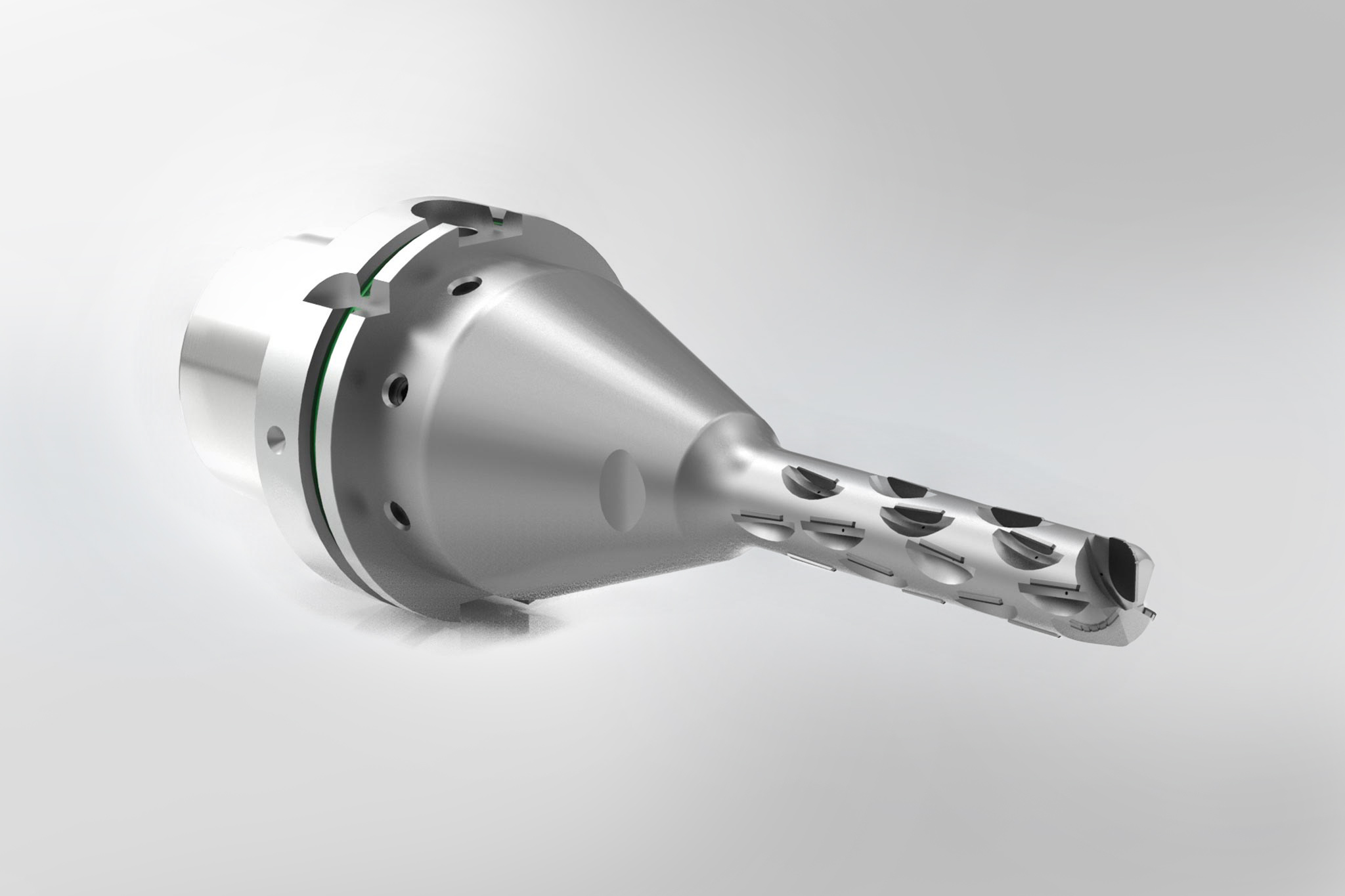 A rendering of the plunge milling cutter with optimised front geometry for machining the structural part.