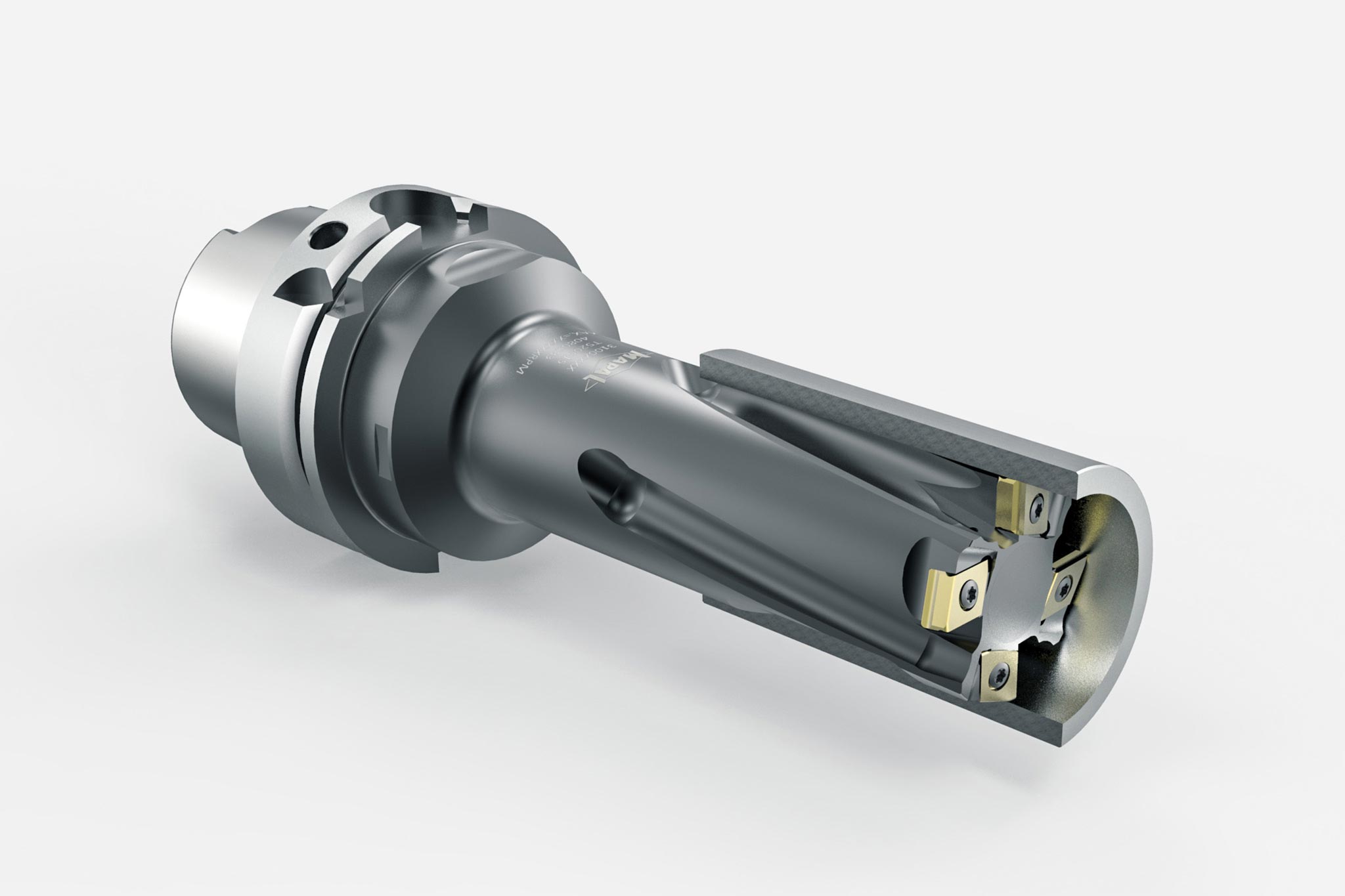 A rendering of the boring tool with indexable inserts machining half a bore. 