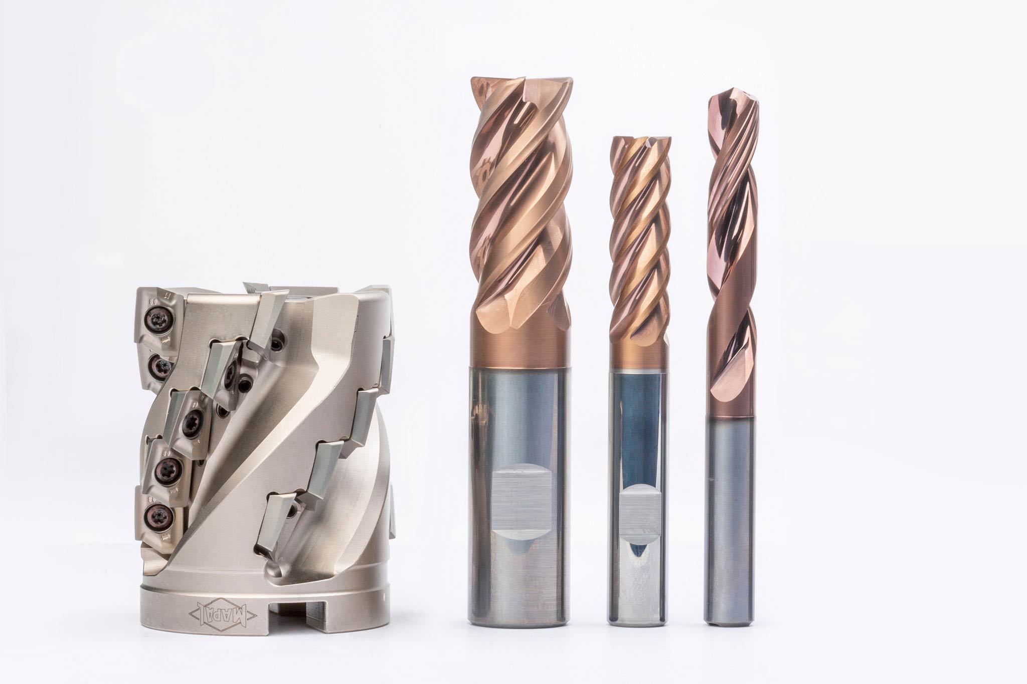 The picture shows from left to right the NeoMill-Titan, two OptiMill-Titan-HPC solid carbide cutters and a MEGA-Speed-Drill-Titan solid carbide drill.