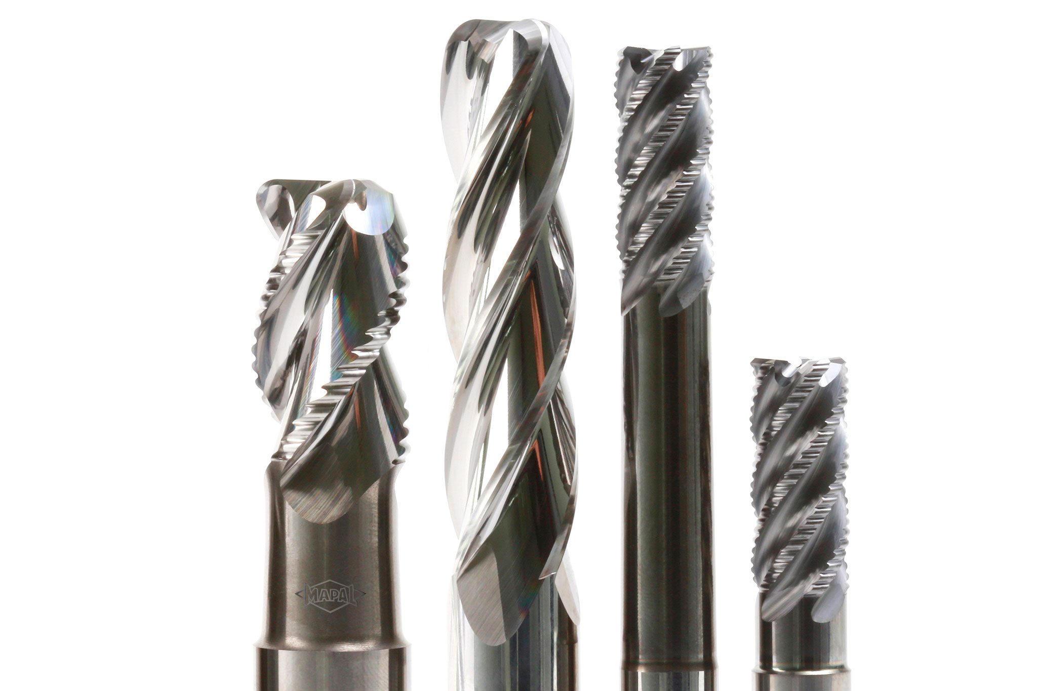 The four new solid carbide milling cutters for high-performance milling of steel and aluminium stand side by side.
