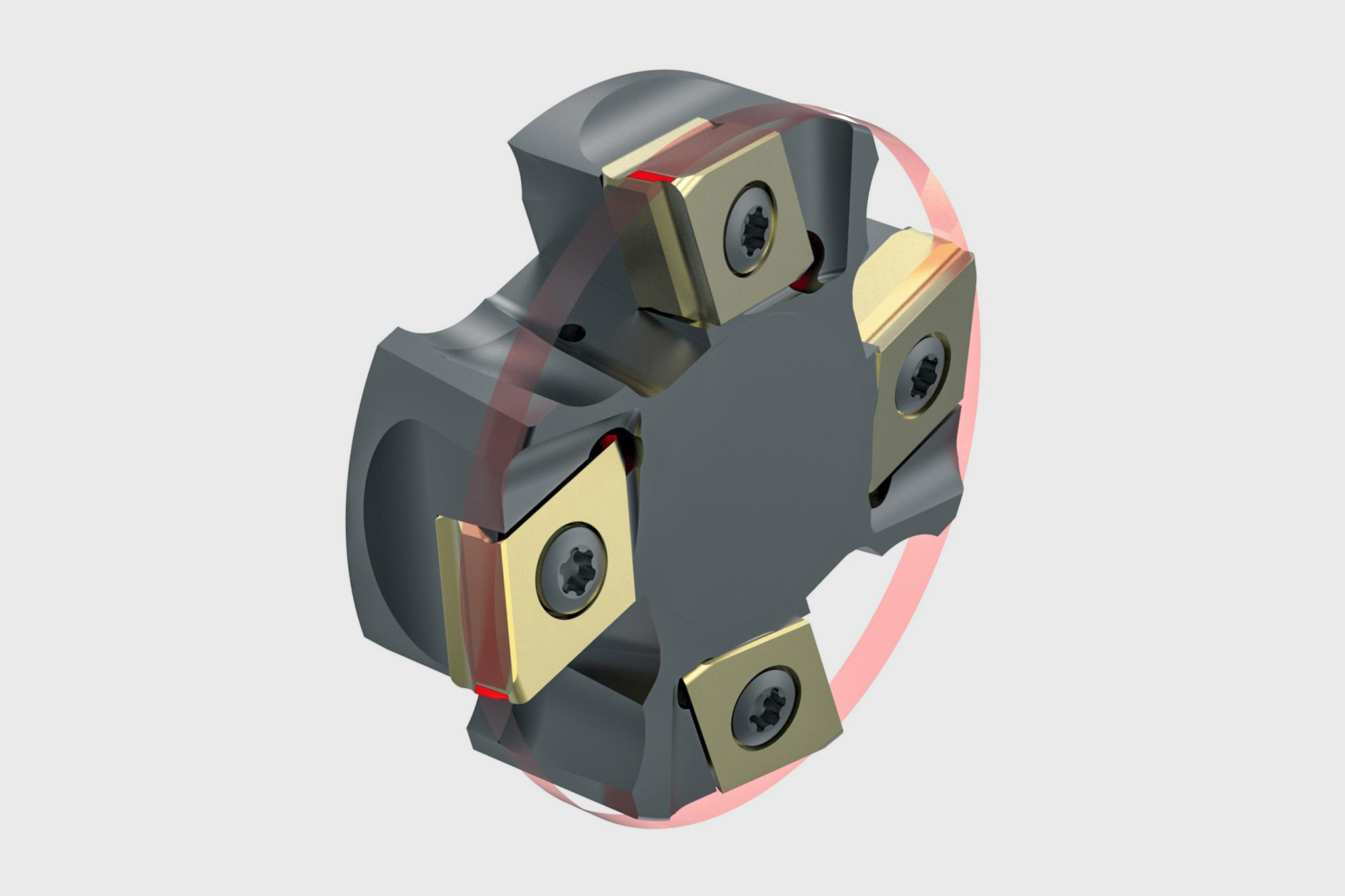 Rendering the tool front. The arc shaped land is shown as a red circle around the indexable inserts. 