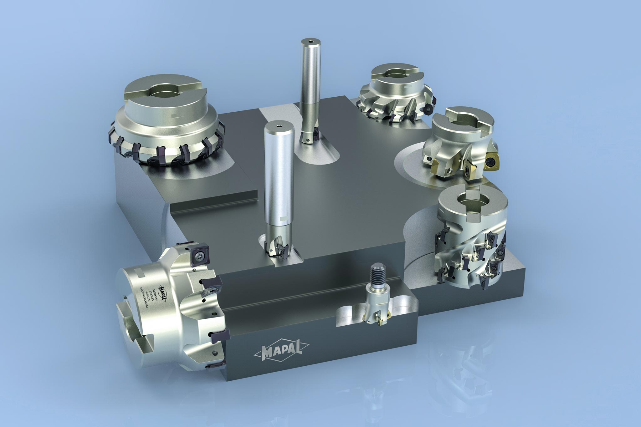 The picture shows a programme overview of NeoMill milling cutters for different applications.
